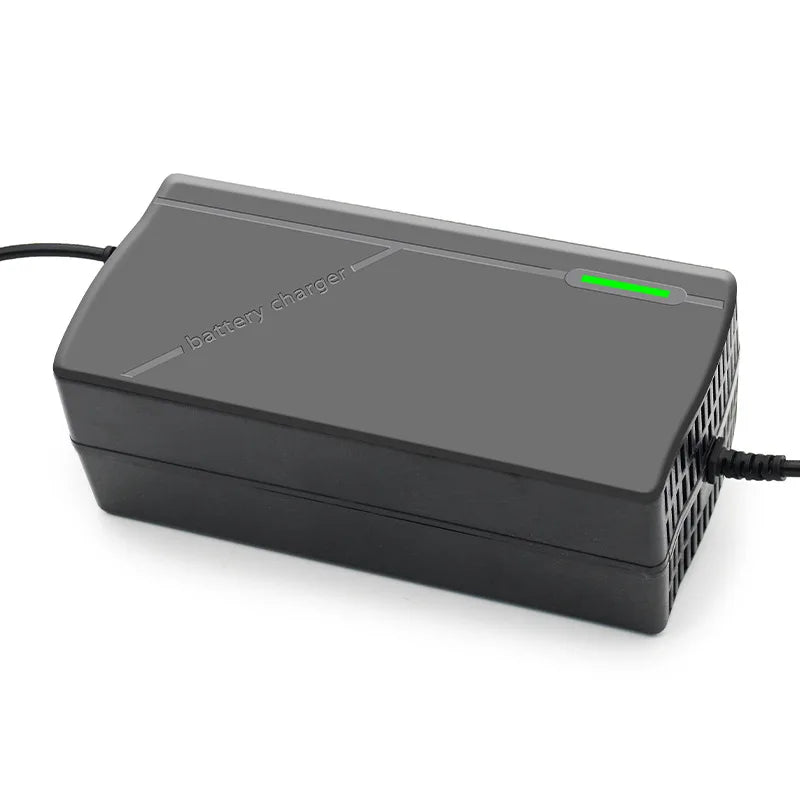 Black battery charger with green indicator light on a white background