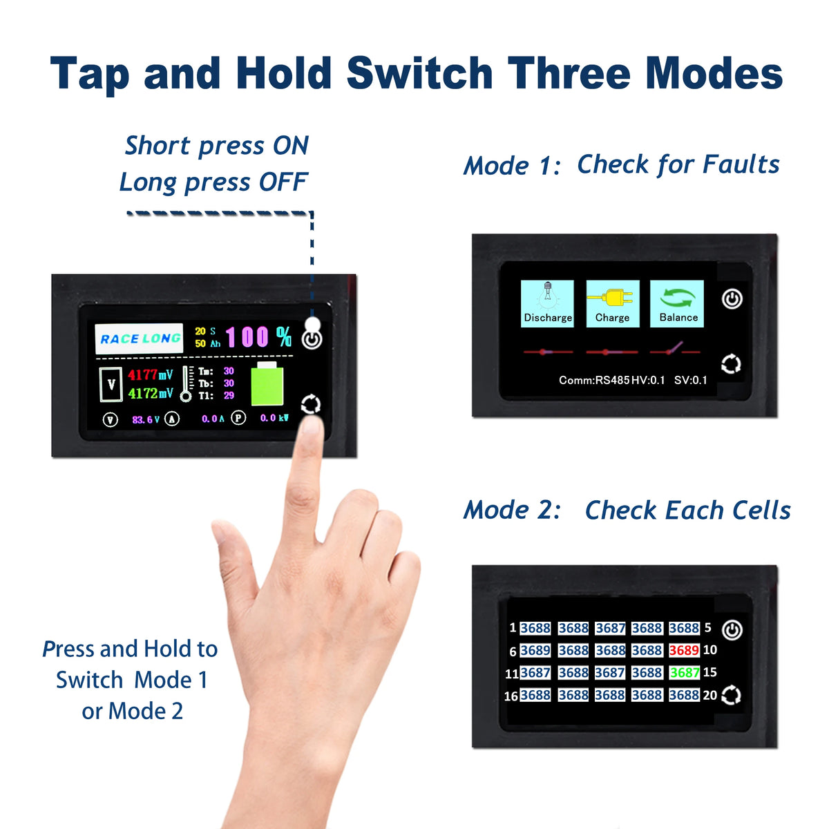 Display of a digital device with touch interface showing modes and operation instructions.