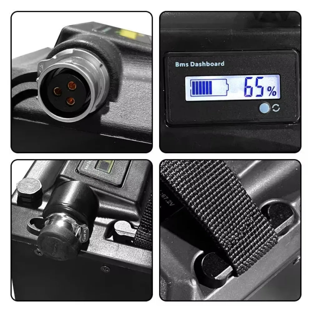 Four-panel close-up collage of a black electronic device, showing a round connector, a digital display reading 'Bms Dashboard' and '65%', a clamp detail, and a textured strap on a dark plastic body.
