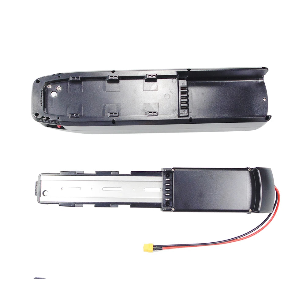 A replacement battery pack for an electric scooter or bicycle, shown from both the top and bottom views on a plain white background. The battery features a black plastic casing, a silver metal terminal plate, and a red and black wire with a yellow connector.