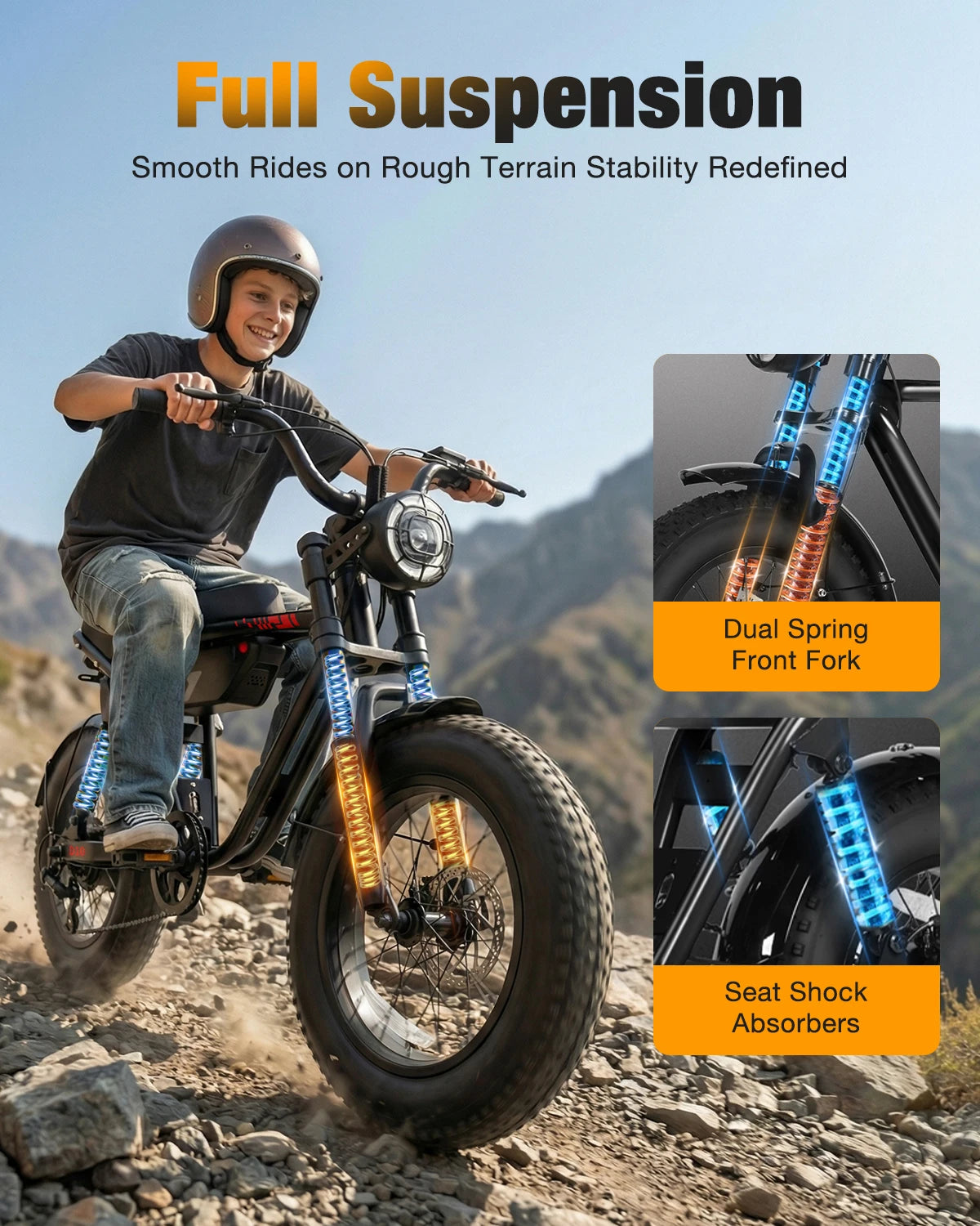 Child riding a bike with full suspension system on rough terrain, highlighting features like dual spring front fork and seat shock absorbers.