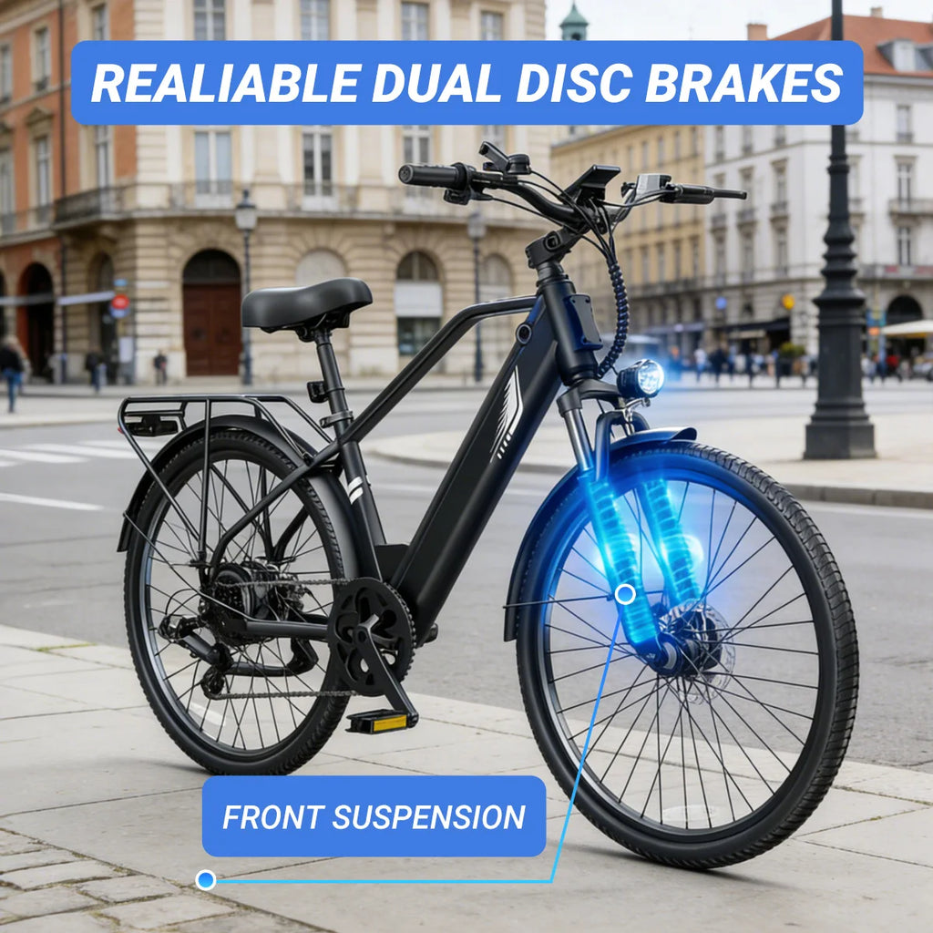 A black electric bicycle parked on a city sidewalk with buildings and a street in the background. The image includes blue graphic callouts highlighting the front suspension and dual disc brakes, with text overlays reading 'REALIABLE DUAL DISC BRAKES' and 'FRONT SUSPENSION'.