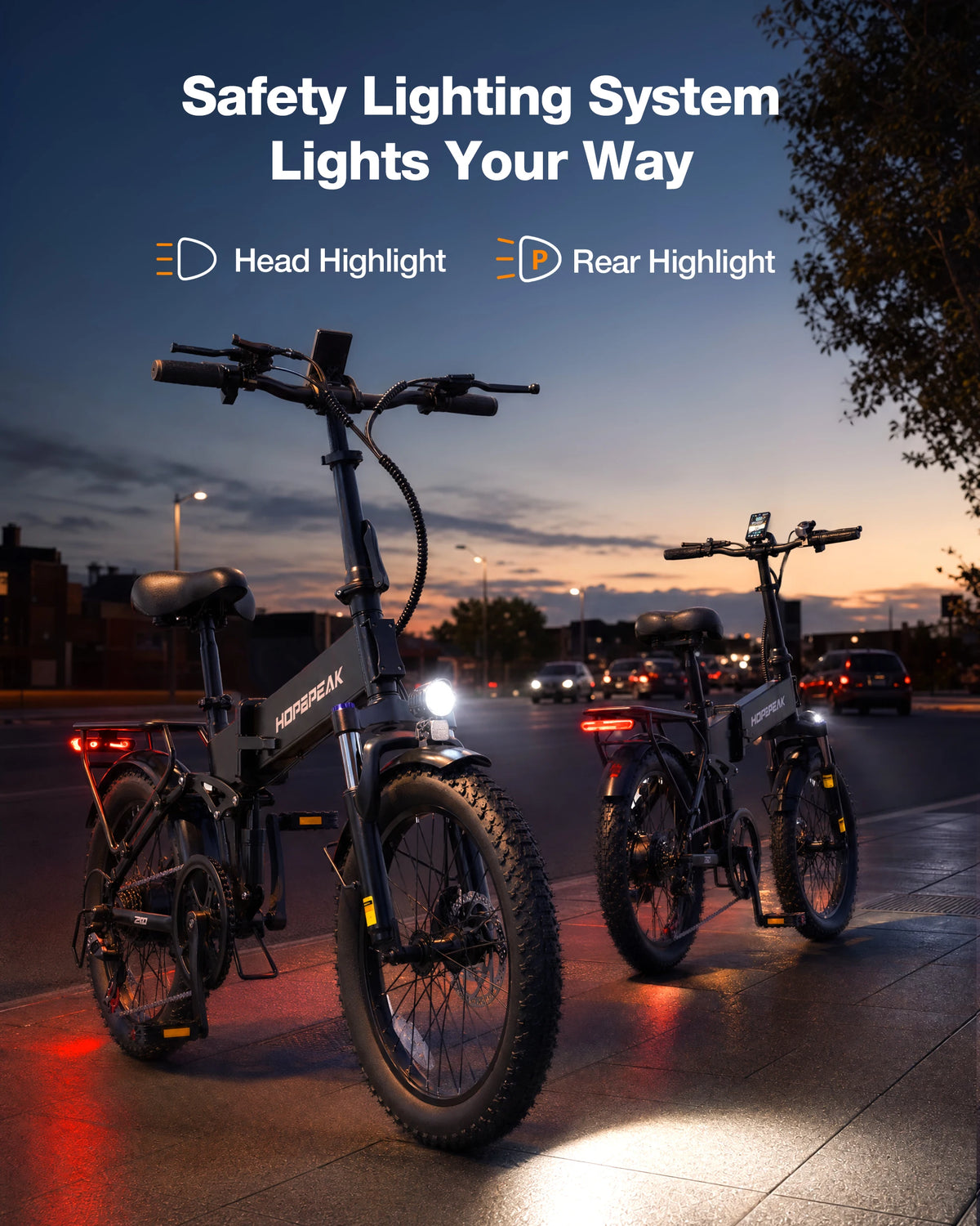 Two black folding electric bicycles with illuminated head and rear lights parked on a city sidewalk at dusk. The bike in front has the brand name NINGDELAIX visible on the frame.
