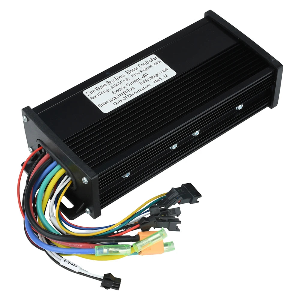 A black rectangular electronic motor controller with a ribbed metal casing, a white product label, and multiple multicolored wires with connectors, shown on a plain white background.