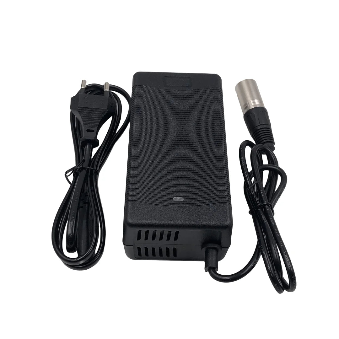 MYDA 54.6V 2A lithium battery charger showing the XLRM 3 pin male connector head configuration