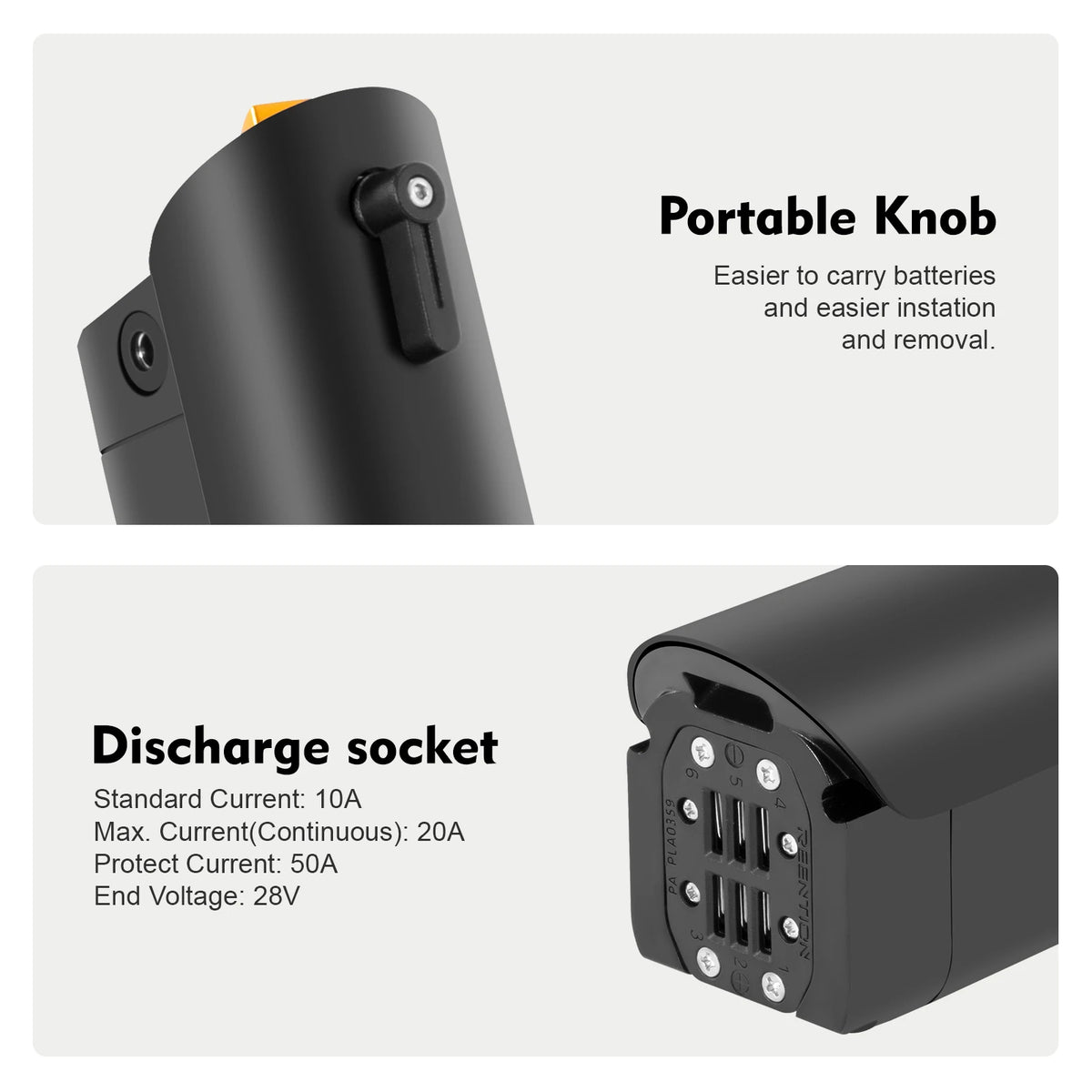 Two-panel product feature graphic showing a black portable battery or power bank. The top panel highlights a 'Portable Knob' with text explaining easier battery carrying and removal.