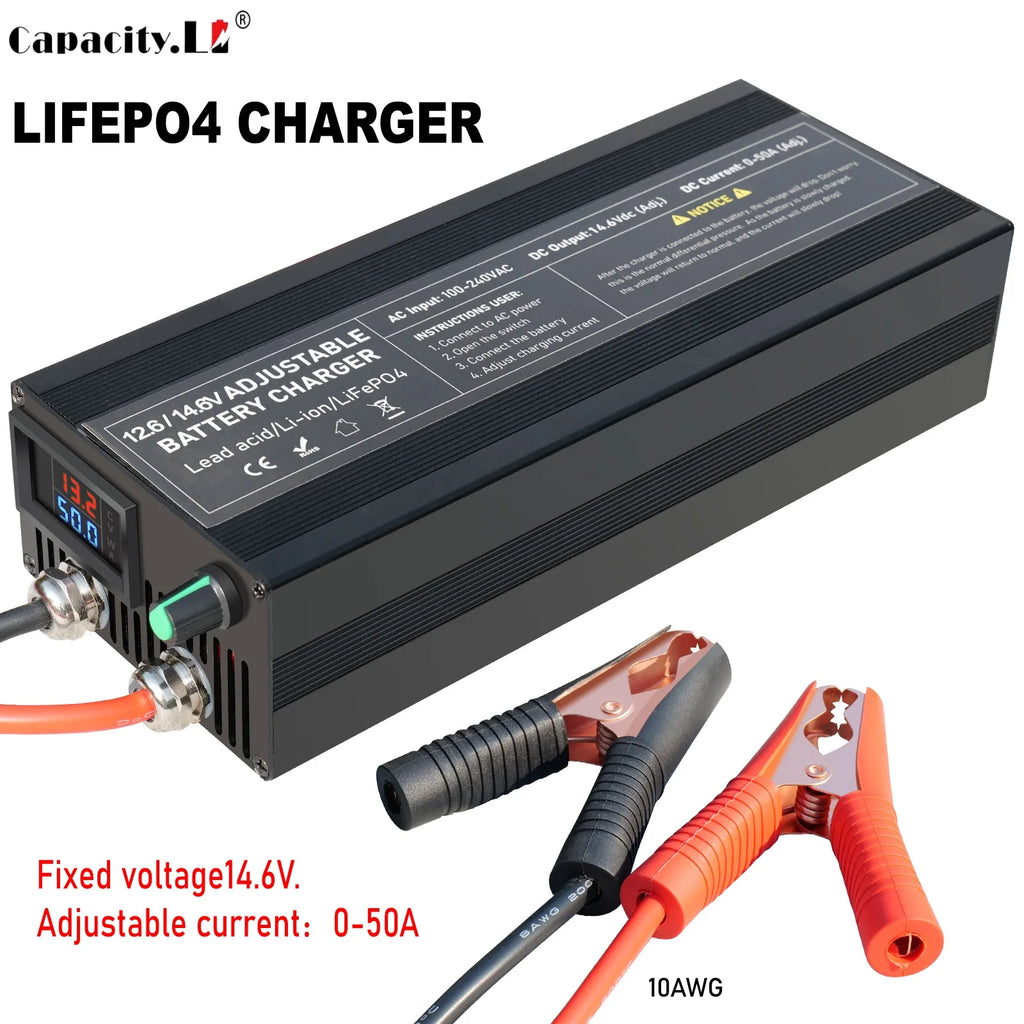 A black Capacity L. LifEPO4 charger battery charger with orange and black cables and clamps, shown on a white background with text overlays.