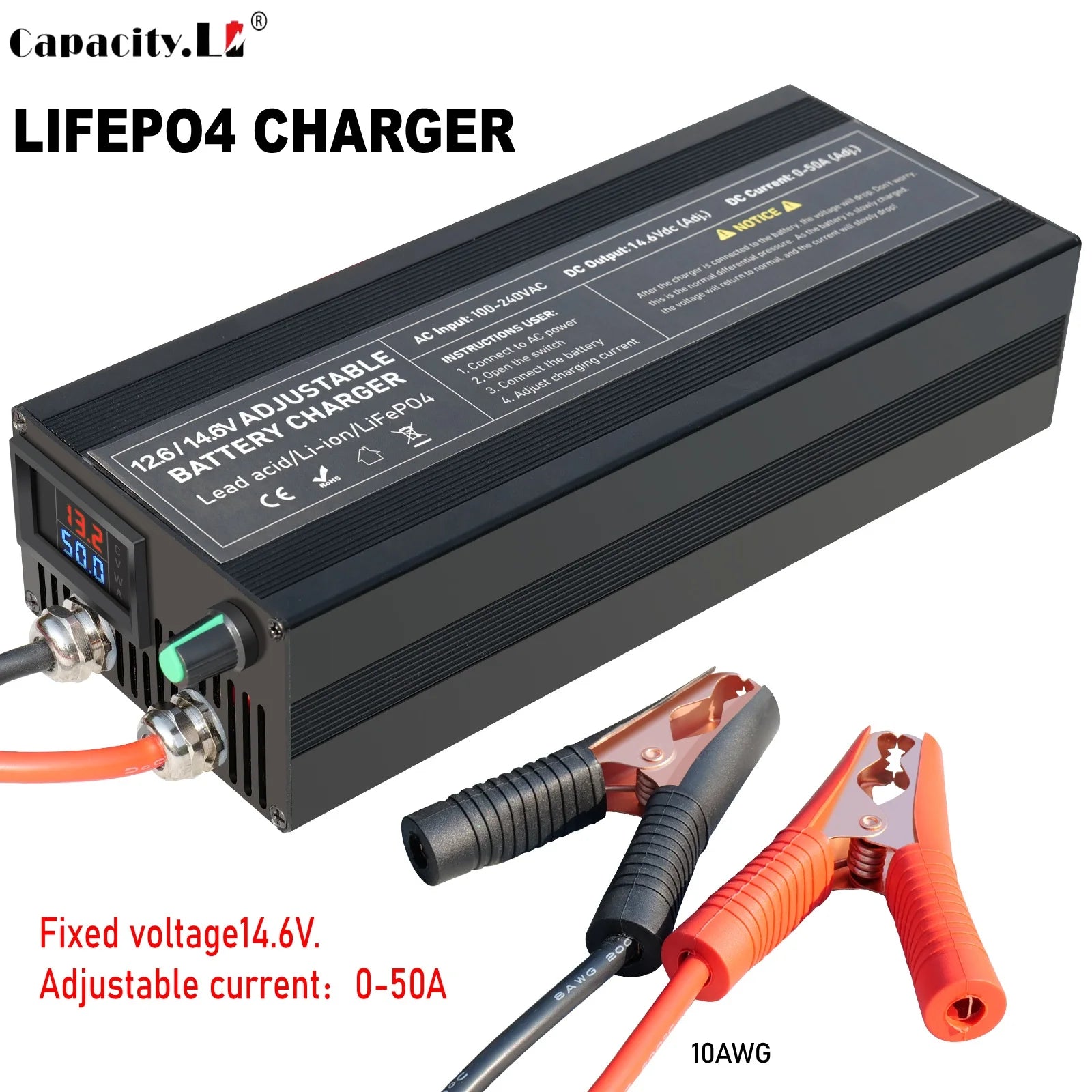 A black Capacity L. LifEPO4 charger battery charger with orange and black cables and clamps, shown on a white background with text overlays.