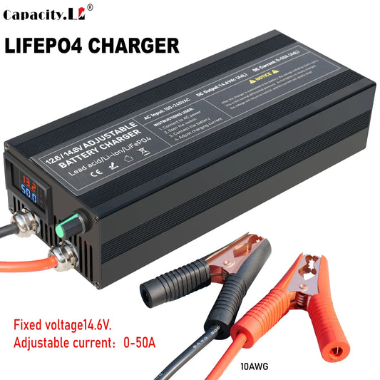 A black Capacity L. LifEPO4 charger battery charger with orange and black cables and clamps, shown on a white background with text overlays.