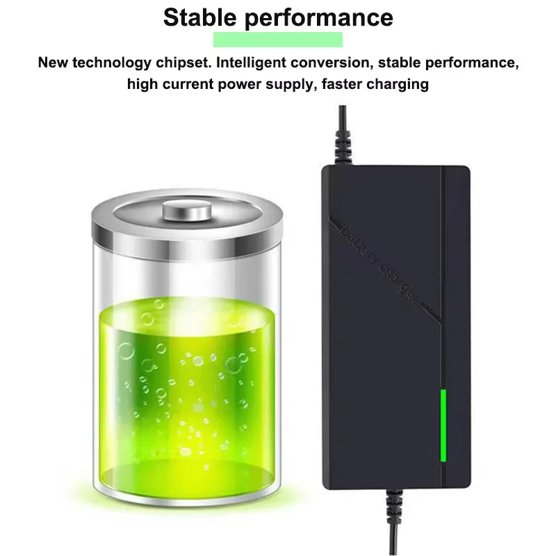 Green liquid in a cylindrical container with a black power adapter on a white background