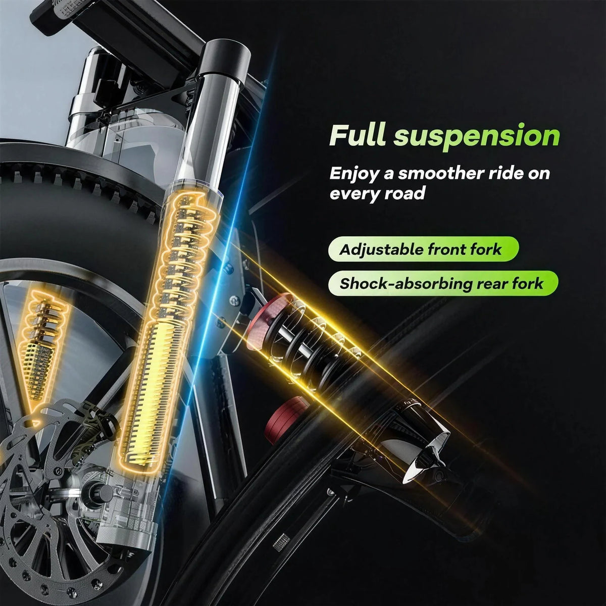 Close-up of a motorcycle suspension system with highlighted front and rear forks, overlaid with marketing text reading 'Full suspension' and 'Enjoy a smoother ride on every road.'.