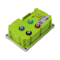 A bright lime green industrial electronic module with a silver metal mounting base and four colored terminal connectors (blue, green, red, black) on a white background.