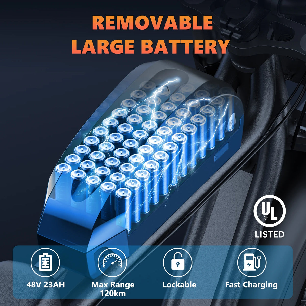Removable large battery pack with UL listed logo on a dark background