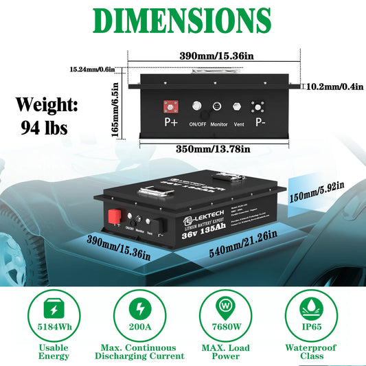 A product dimension diagram for a black automotive battery charger/power unit, showing front and top views with measurements, plus weight and feature icons. The product is labeled with visible branding including ALEKTECH and SONGMUNJ.
