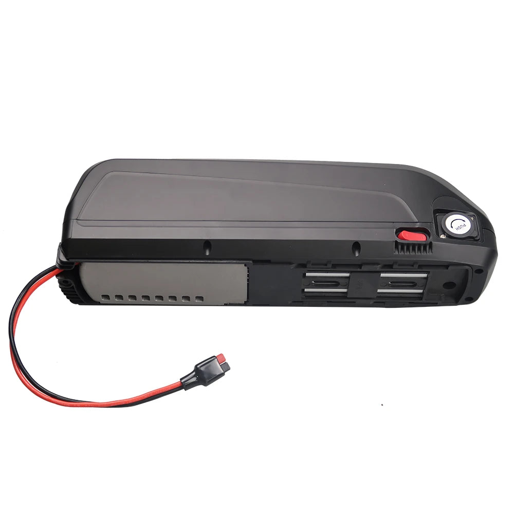 A black portable power bank with a built-in cable connector, two USB-A output ports, and a red power switch, shown on a plain white background.