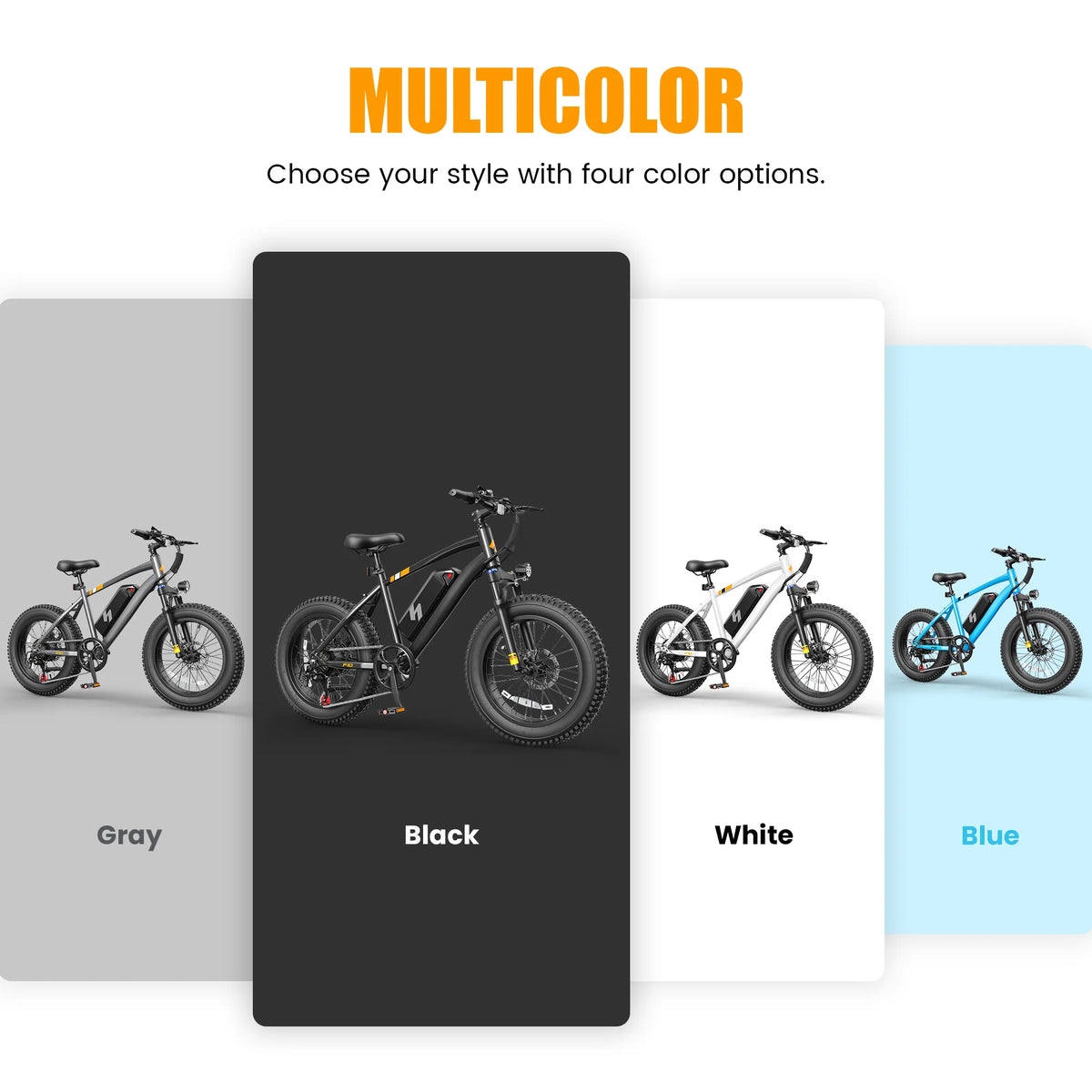 A promotional graphic showing four electric fat-tire bicycle color options labeled Gray, Black, White, and Blue, with the headline 'MULTICOLOR' at the top and the word 'Choose your style with four color options.'.