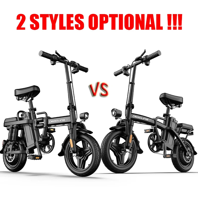 Two black folding electric bicycles shown side by side on a white background with large red text reading '2 STYLES OPTIONAL !!!' and a 'VS' between them.