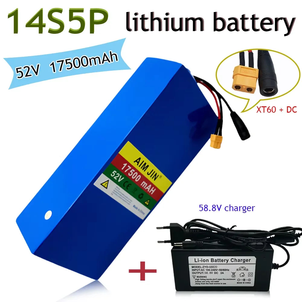 A blue 14S5P lithium battery shown at an angle with attached red and black wires and a yellow connector, alongside a black 58.8V lithium battery charger and text labels including 52V 17500mAh and XT60 + DC.