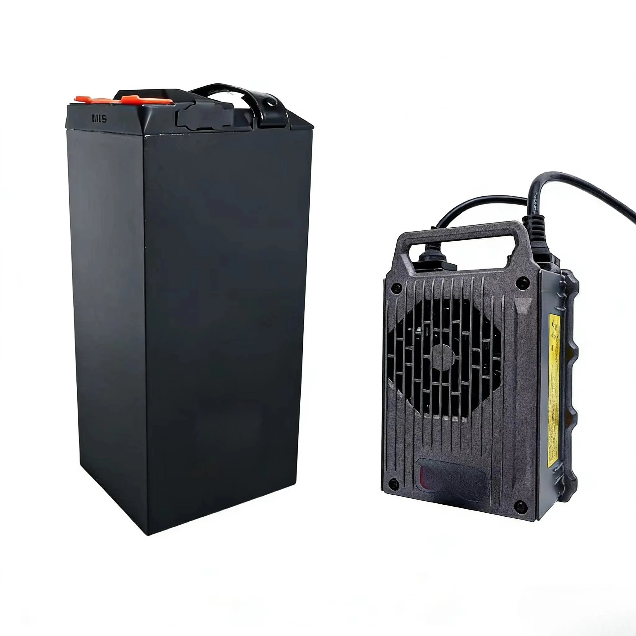 A black rectangular lithium-ion battery next to a matching black portable charger or power supply with a handle, vented front grille, and attached cable, shown on a plain white background.