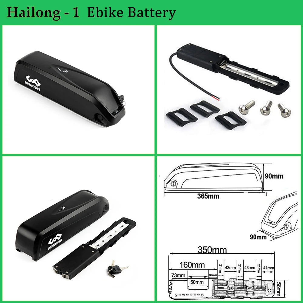 Hailong Ebike Battery with accessories and dimensions on a green background