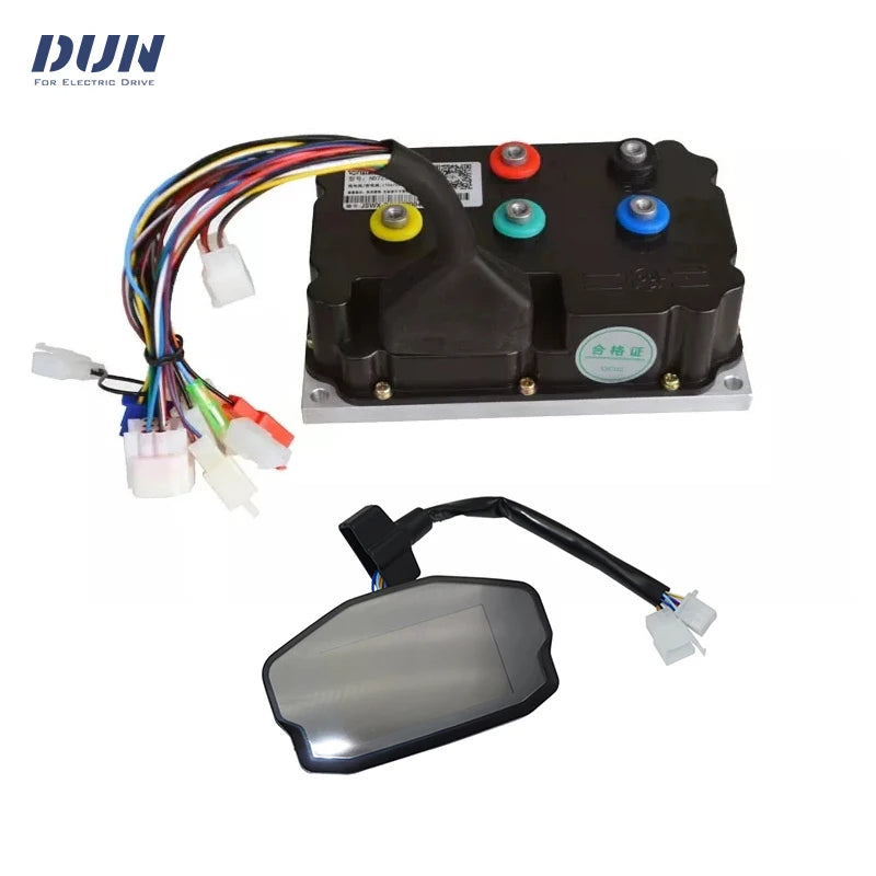 An electric drive controller module with a multi-colored wiring harness and a separate rearview mirror, shown on a white background with a DUN brand logo in the top left corner.