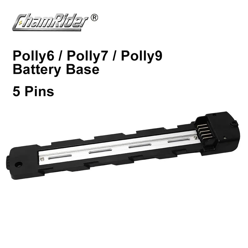 A black plastic battery base for ChamRider motors, labeled 'Polly6 / Polly7 / Polly9 Battery Base 5 Pins', on a plain white background.