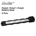 A black plastic battery base for ChamRider motors, labeled 'Polly6 / Polly7 / Polly9 Battery Base 5 Pins', on a plain white background.