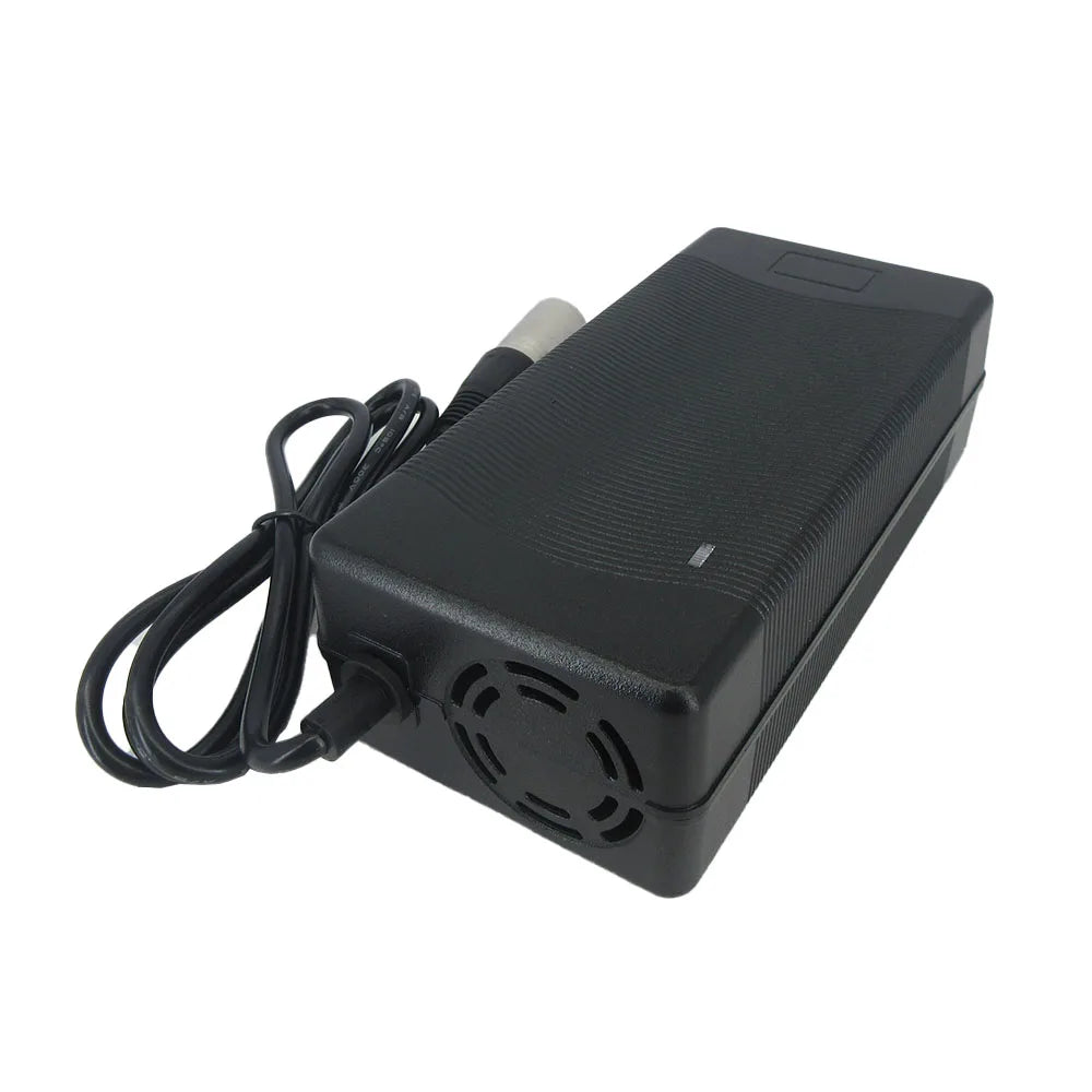 Black power adapter with a cable on a white background