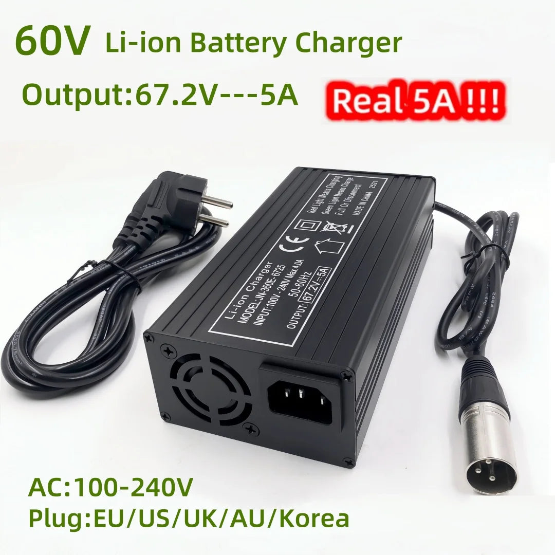 60V Li-ion battery charger with cables on a white background