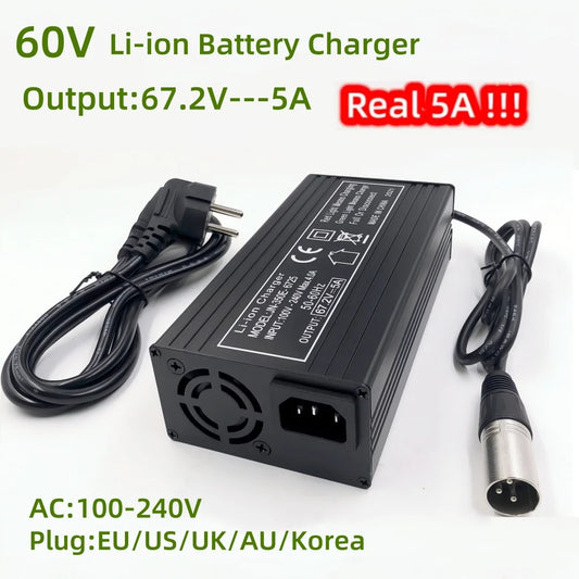 60V Li-ion battery charger with cables on a white background