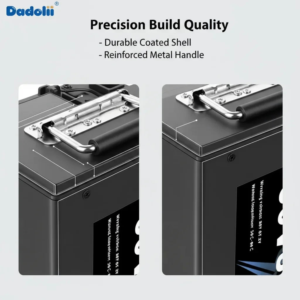 Promotional product graphic for a Dadoli battery showing two close-up views of the battery top and handle area with text highlighting durable coated shell and reinforced metal handle features.