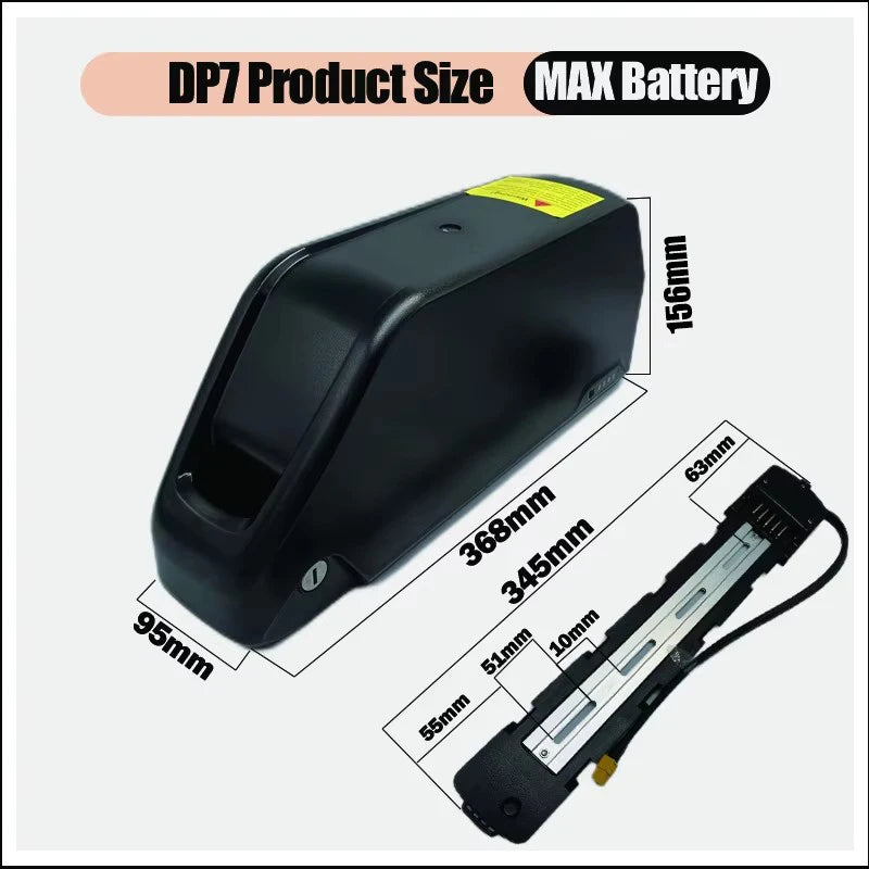 Black battery pack with measurements on a white background