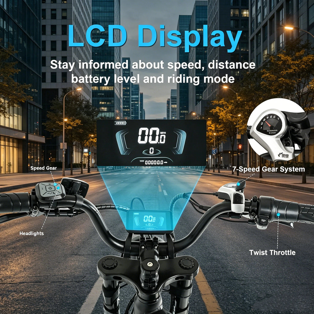 An e-bike handlebar setup shown in a city street at night, with a large front LCD display mounted above the bars and callout labels pointing to speed/gear controls, headlights, twist throttle, and a 7-speed gear system. Blue text at the top reads 'LCD Display' and explains screen features.