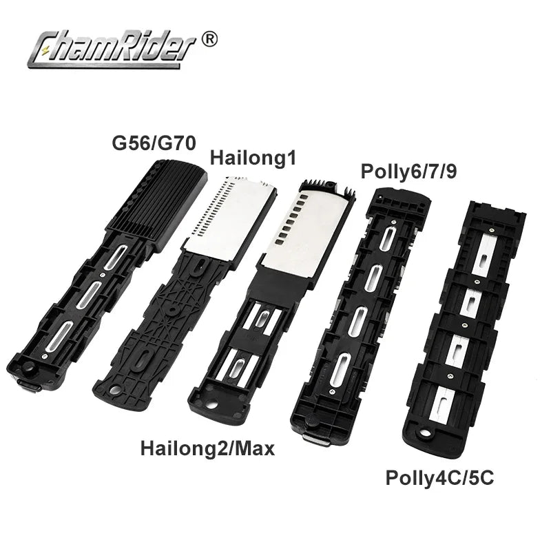 Five black plastic replacement brush guard covers for a chainsaw, labeled G56/G70, Hailong1, Hailong2/Max, Polly6/7/9, and Polly4C/5C, displayed on a white background with the ChamRider brand logo.