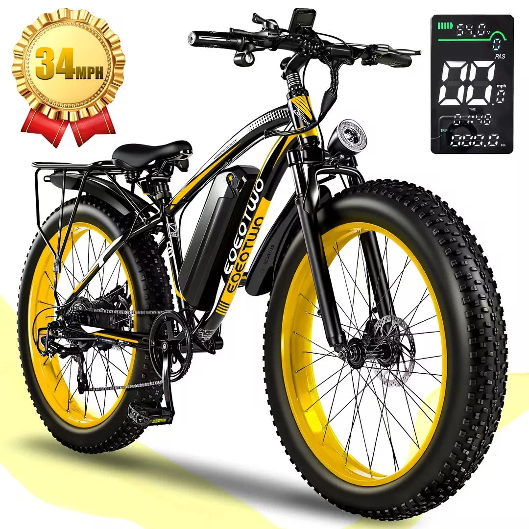 Electric bike with yellow wheels and digital display on a white background