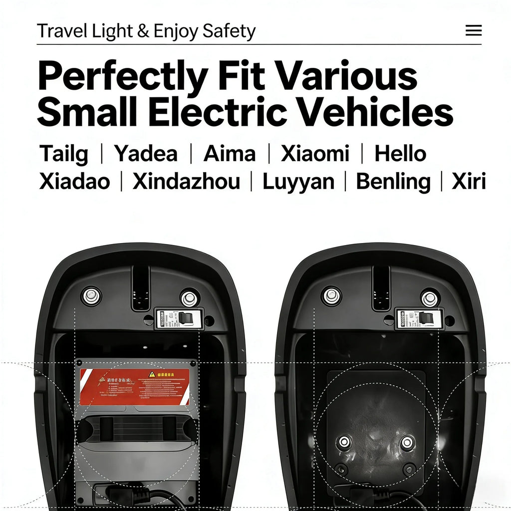A promotional graphic showing two black vehicle adapter housings from the back, with text at the top stating 'Perfectly Fit Various Small Electric Vehicles' and listing models such as Tailg, Yadea, Aima, Xiaomi, Hello, Xiadao, Xindazhou, Luyyan, Benling, and Xiri.