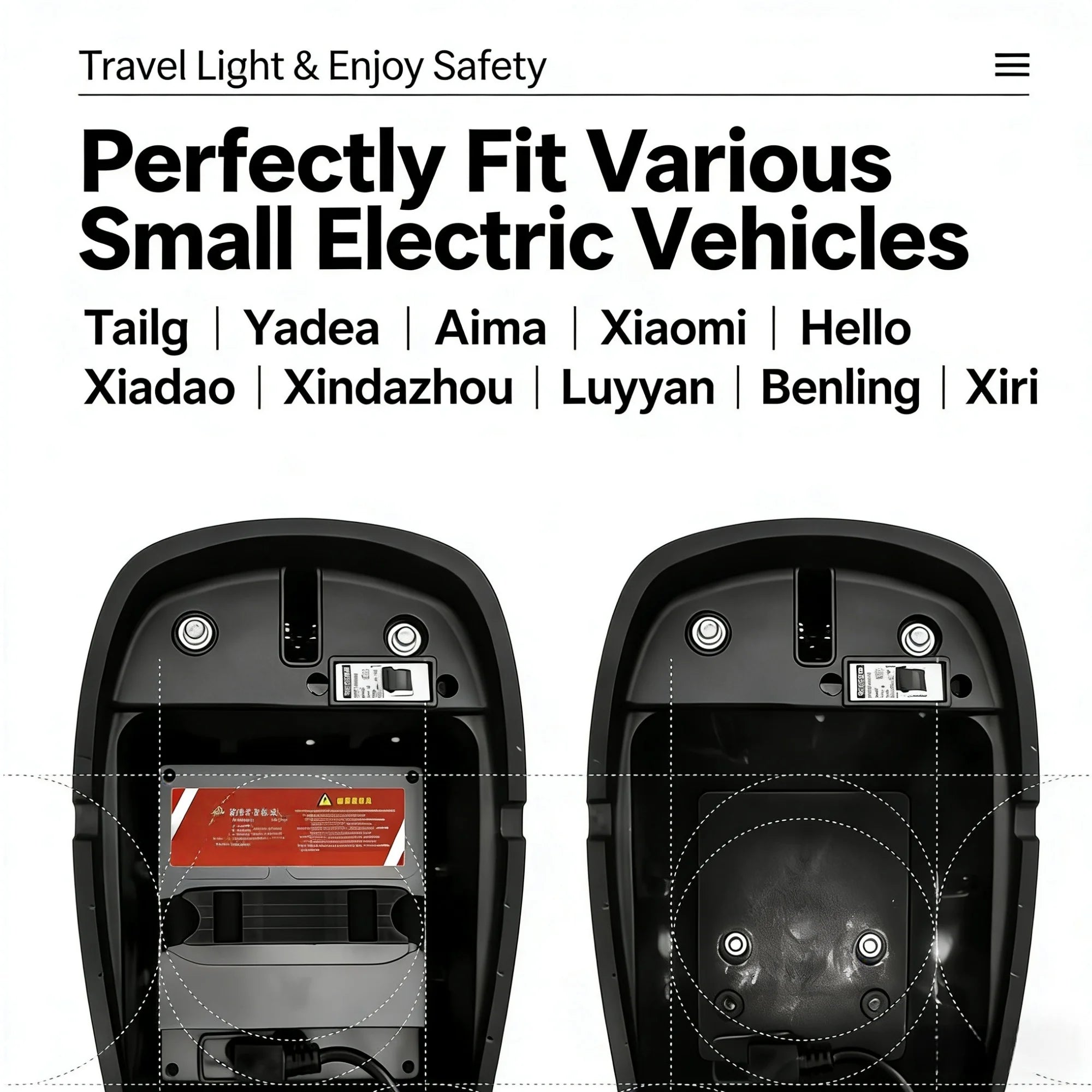 A promotional graphic showing two black vehicle adapter housings from the back, with text at the top stating 'Perfectly Fit Various Small Electric Vehicles' and listing models such as Tailg, Yadea, Aima, Xiaomi, Hello, Xiadao, Xindazhou, Luyyan, Benling, and Xiri.