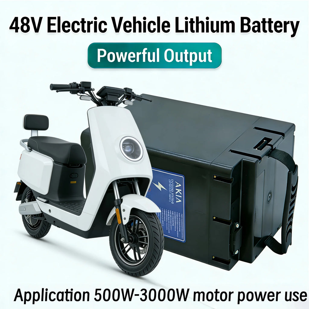 A 48V electric vehicle lithium battery pack in black shown next to a white electric scooter, with text overlays describing its powerful output and application for 500W-3000W motor power use.