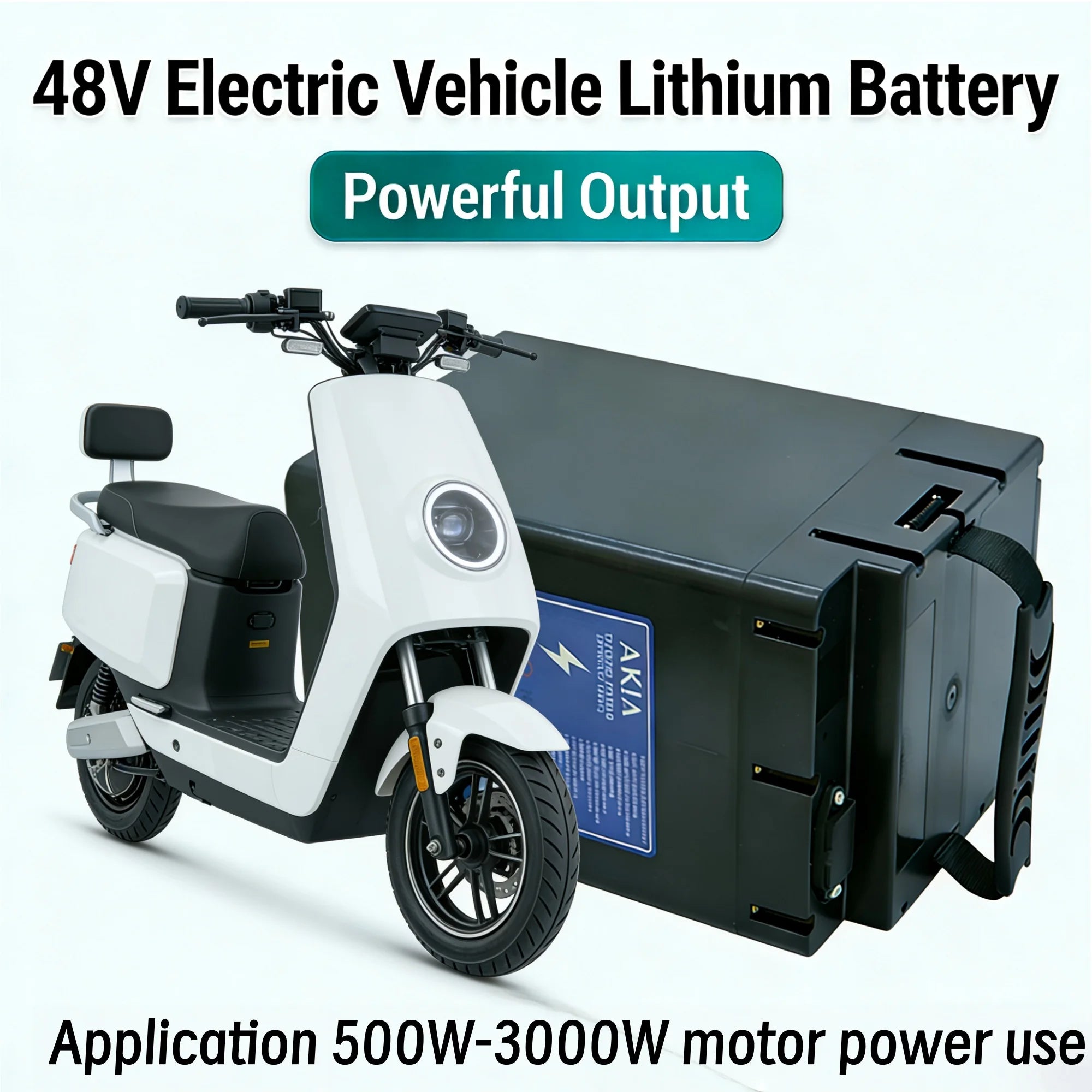 A 48V electric vehicle lithium battery pack in black shown next to a white electric scooter, with text overlays describing its powerful output and application for 500W-3000W motor power use.
