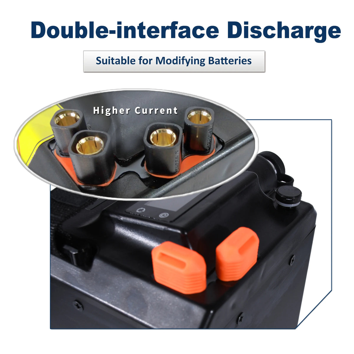 Battery with double-interface discharge feature, suitable for modifying batteries.