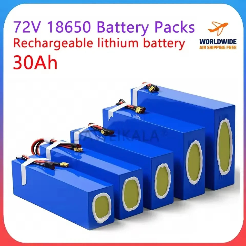 Four blue rectangular rechargeable lithium-ion battery packs arranged in ascending size, with visible internal yellow-green cells and attached wiring. Large text at the top reads '72V 18650 Battery Packs Rechargeable lithium battery 30Ah', and a 'WORLDWIDE AIR SHIPPING FREE' logo appears in the upper right.