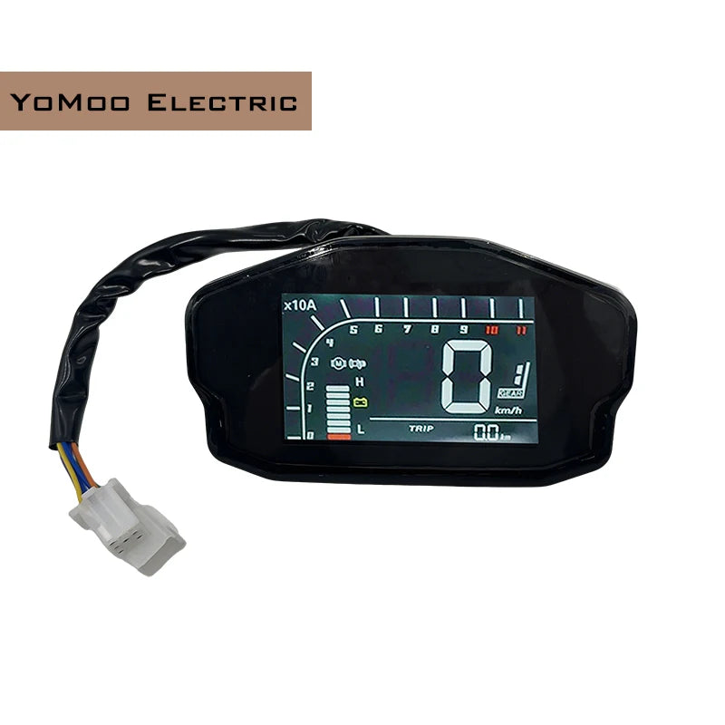 A black motorcycle or scooter digital instrument cluster display with a rear-view mirror on the left side and a white connector plug. The brand name 'YoMoo Electric' is displayed in the top left corner.