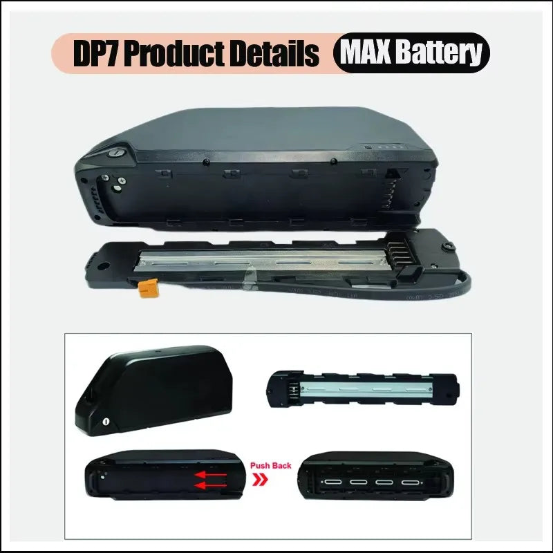 A black rectangular battery product shown with labeled parts and inset views on a light gray background. The top panel reads 'DP7 Product Details MAX Battery,' and the lower inset shows a close-up of the battery with red arrows and the text 'Push Back.