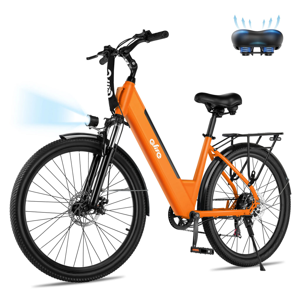 An orange and black electric bicycle shown on a white background, with a small inset showing the seat with blue airflow graphics indicating cooling. The brand name 'olgo' is visible on the frame and head tube.