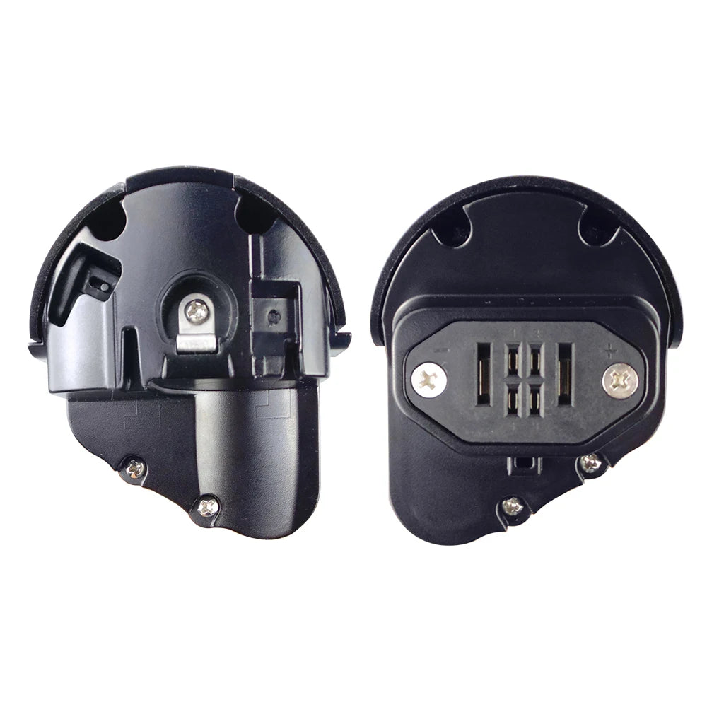Two black plastic replacement motor housings shown side by side on a plain white background, displaying the internal and external views of the product.