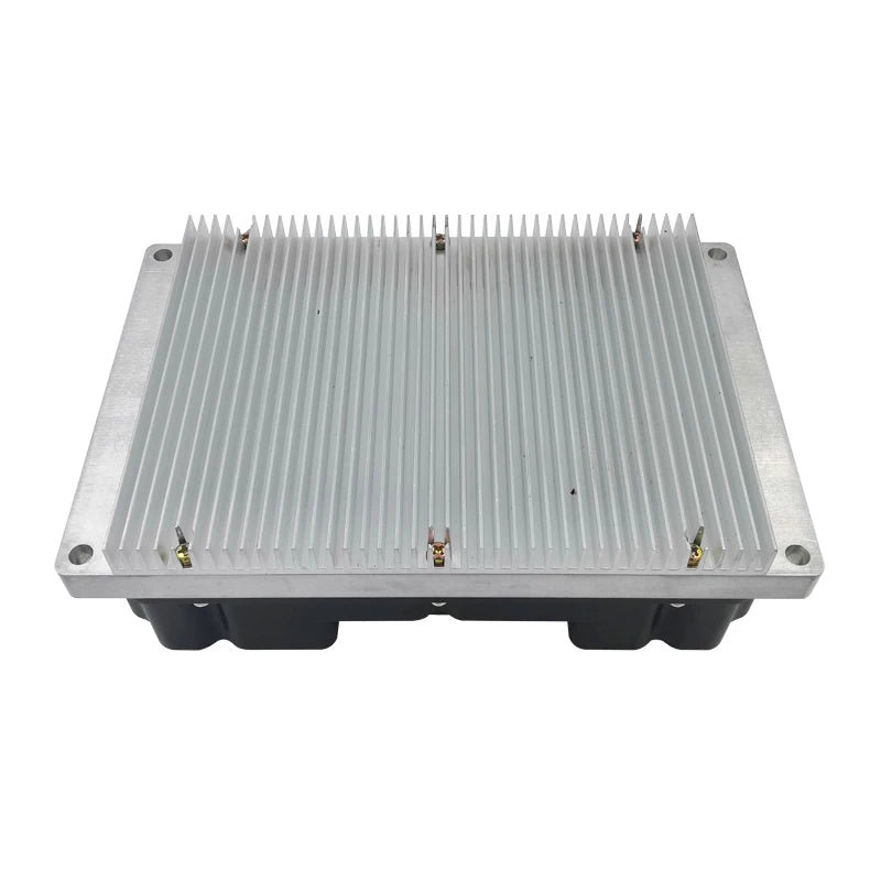 A rectangular silver aluminum heatsink module with a ribbed top surface and four mounting holes, shown on a plain white background.