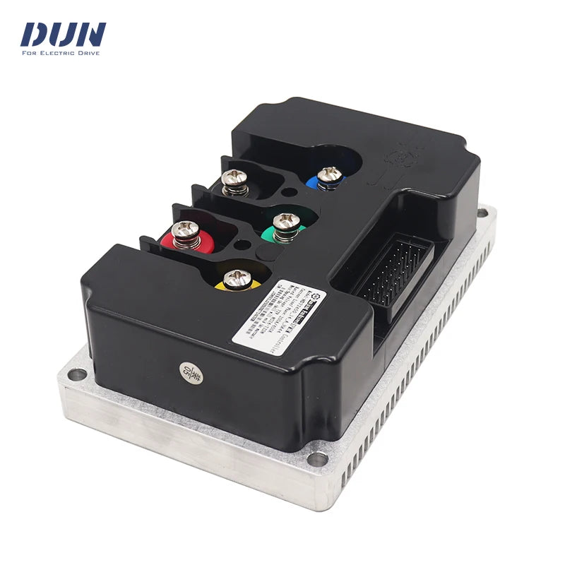 A DUN brand high-voltage inverter module for electric drives, featuring a black plastic housing on a silver aluminum base with multicolored terminal screws and a white product label.