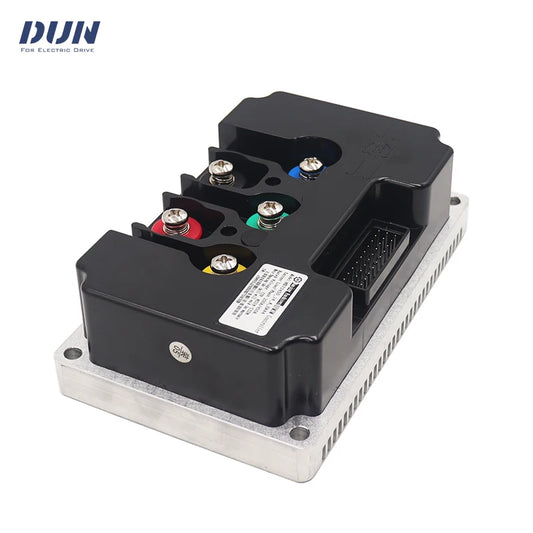 A DUN brand high-voltage inverter module for electric drives, featuring a black plastic housing on a silver aluminum base with multicolored terminal screws and a white product label.