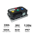 A black and silver electric motor controller with colorful terminal buttons, shown on a white background with technical specifications listed below.