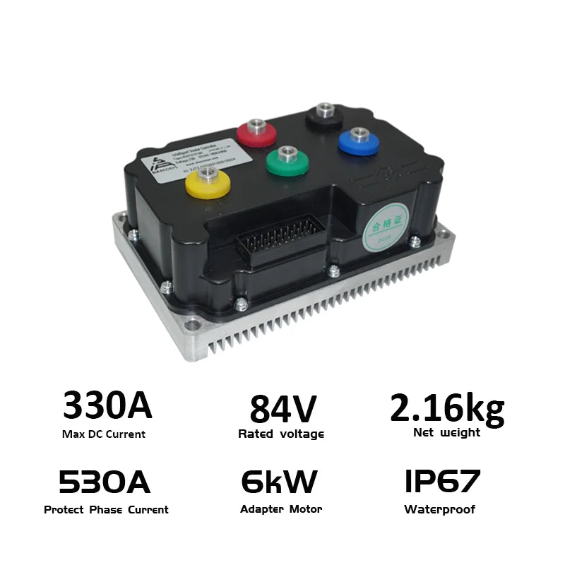 A black and silver electric motor controller with colorful terminal buttons, shown on a white background with technical specifications listed below.